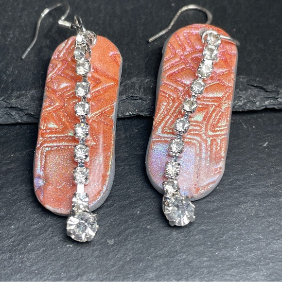Hand Made Embossed Orange And Pink Dangle Earrings - Picture 7 of 11
